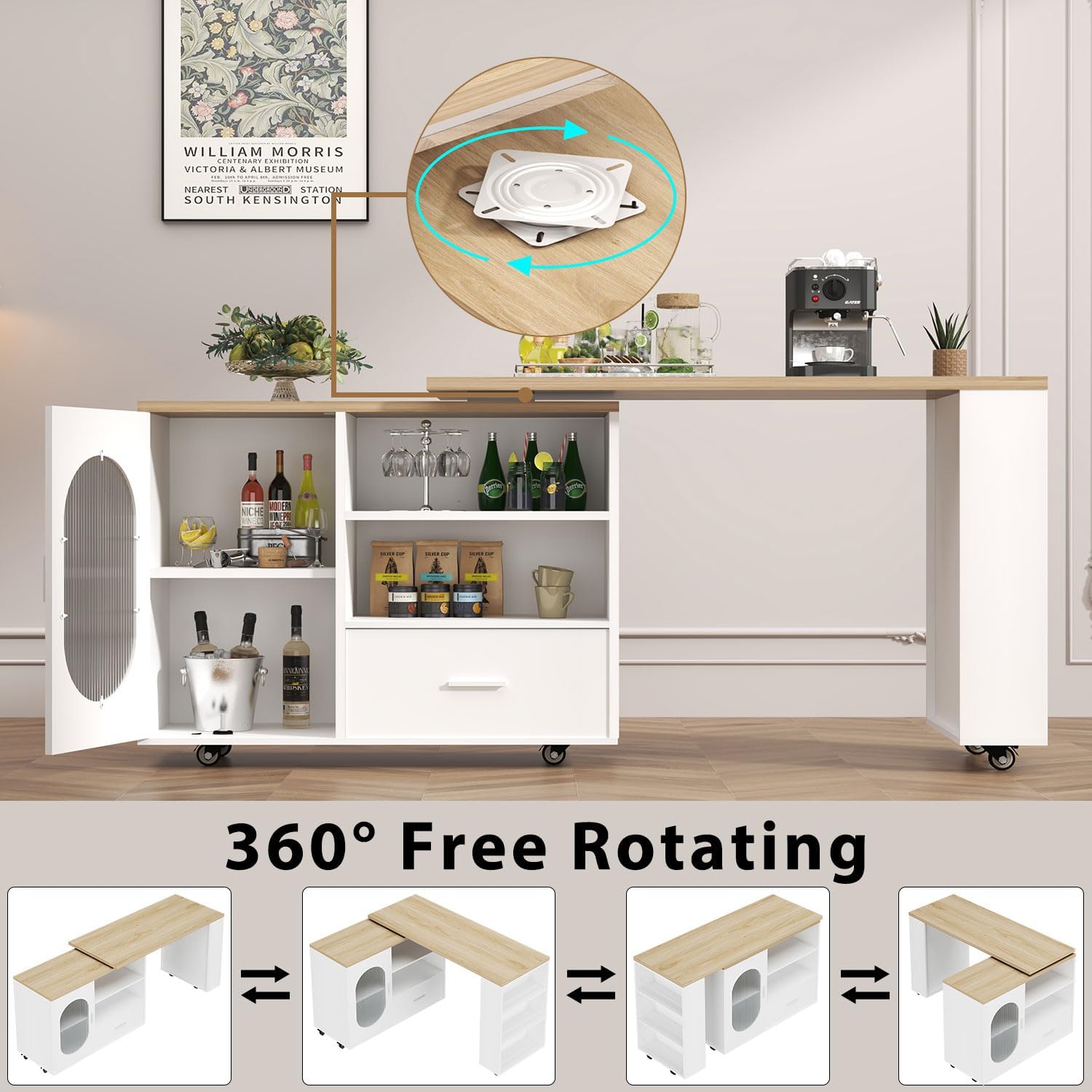 HSH 72.4' Rolling Kitchen Island with Swivel Table, Storage Cabinet, Drawers & Shelves, White Modern Mobile Island Cart on Wheels, Farmhouse Wood Island Table for Kitchen, Dining Room, Home Bar