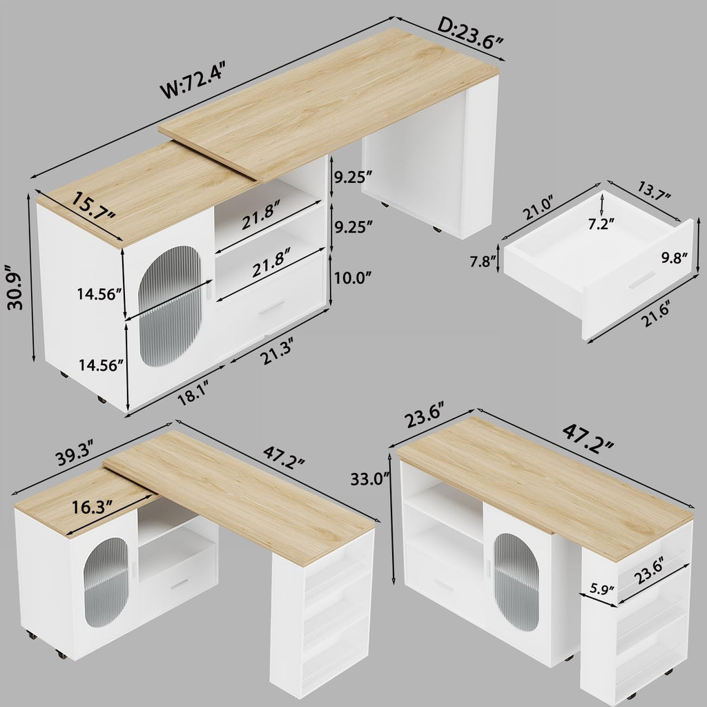 HSH 72.4' Rolling Kitchen Island with Swivel Table, Storage Cabinet, Drawers & Shelves, White Modern Mobile Island Cart on Wheels, Farmhouse Wood Island Table for Kitchen, Dining Room, Home Bar