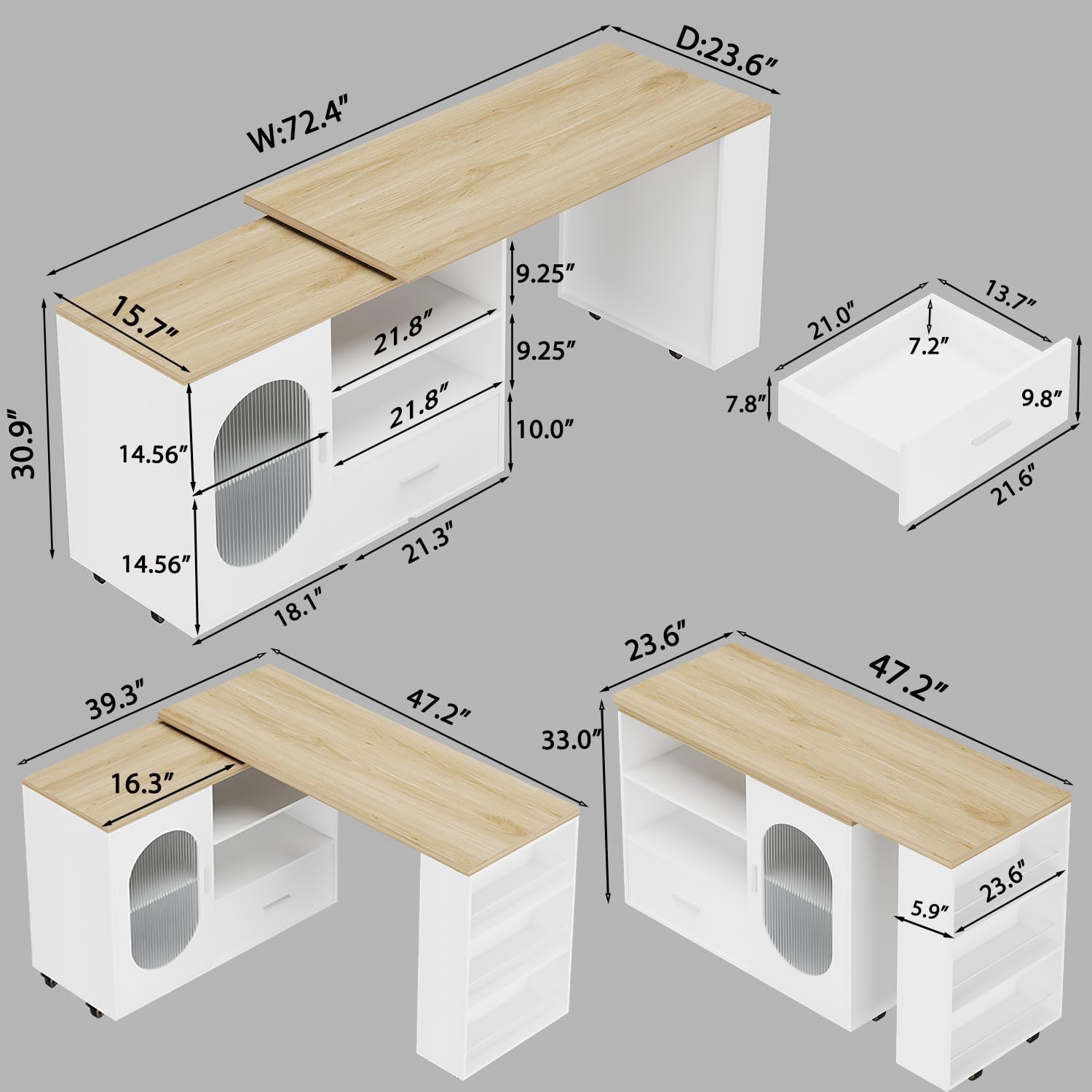 HSH 72.4' Rolling Kitchen Island with Swivel Table, Storage Cabinet, Drawers & Shelves, White Modern Mobile Island Cart on Wheels, Farmhouse Wood Island Table for Kitchen, Dining Room, Home Bar