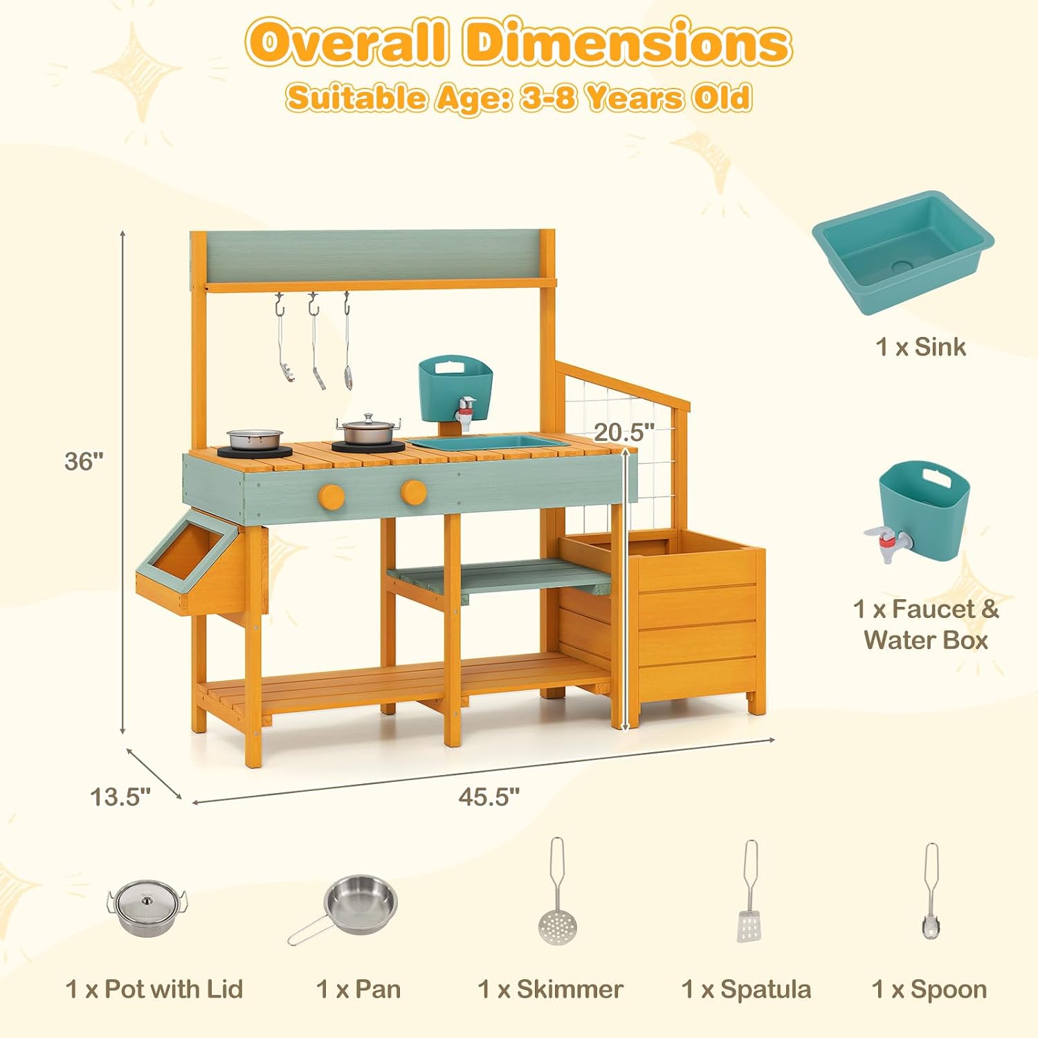 HONEY JOY Mud Kitchen, Cedar Wood Pretend Play Kitchen for Toddlers, Plant Growing Box & Trellis, Real Faucet w/Running Water, Sink, Accessories, Outdoor Kids Kitchen Playset for Garden Fun(Yellow)