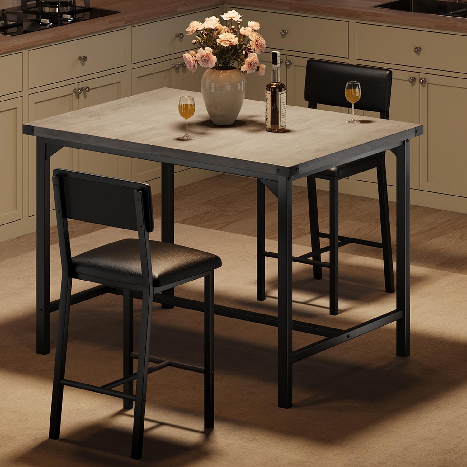 GarveeHome Dining Table Set for 2 w/Corner Protecto, Dining Room Table Set with Footrest & Backrest, Counter Height Table with 2 Upholstered Bar Stools, for Apartment, Pub, Rustic Gray