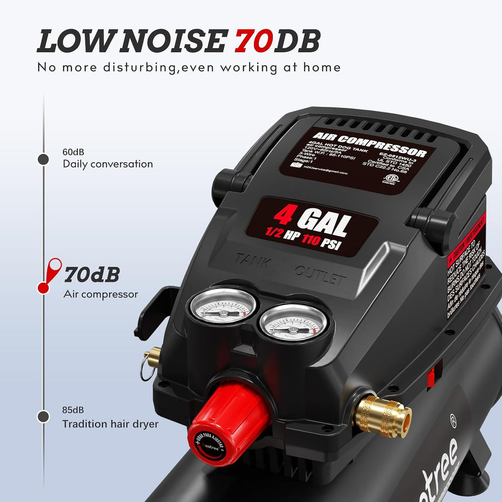 Baotree Portable Air Compressor, 4 Gallon Max 110PSI Oil Free Air Compressor Tank, 0.5HP Motor 0.6SCFM@90 PSI,1.0SCFM@40PSl Garage Air Compressors for Car Repair, Spray Painting, Woodwork Nailing