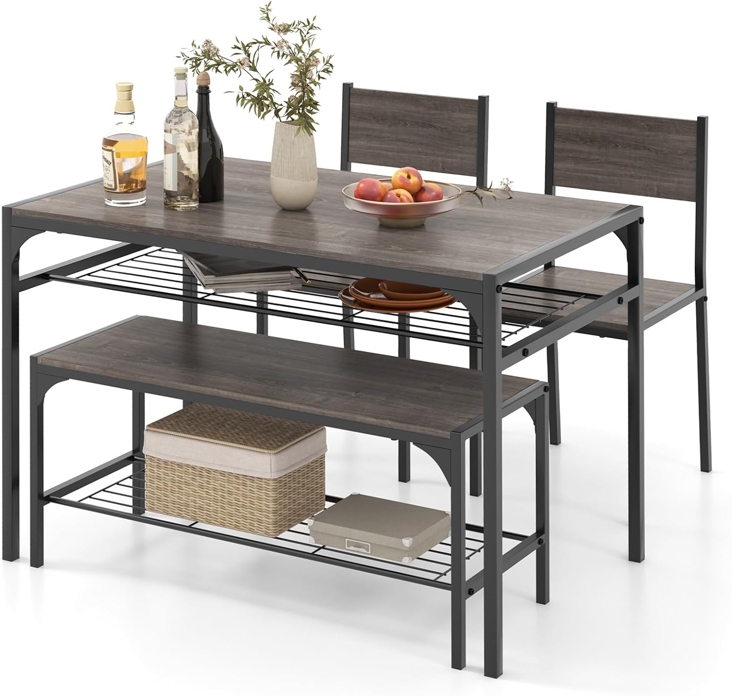 COSTWAY 4 Pieces Dining Table Set, Kitchen Table and 2 Chairs for 4 with Bench, Storage Racks, Metal Frame & Space-saving Design, Industrial Kitchen Table Set for Small Space, Apartment (Black & Grey)