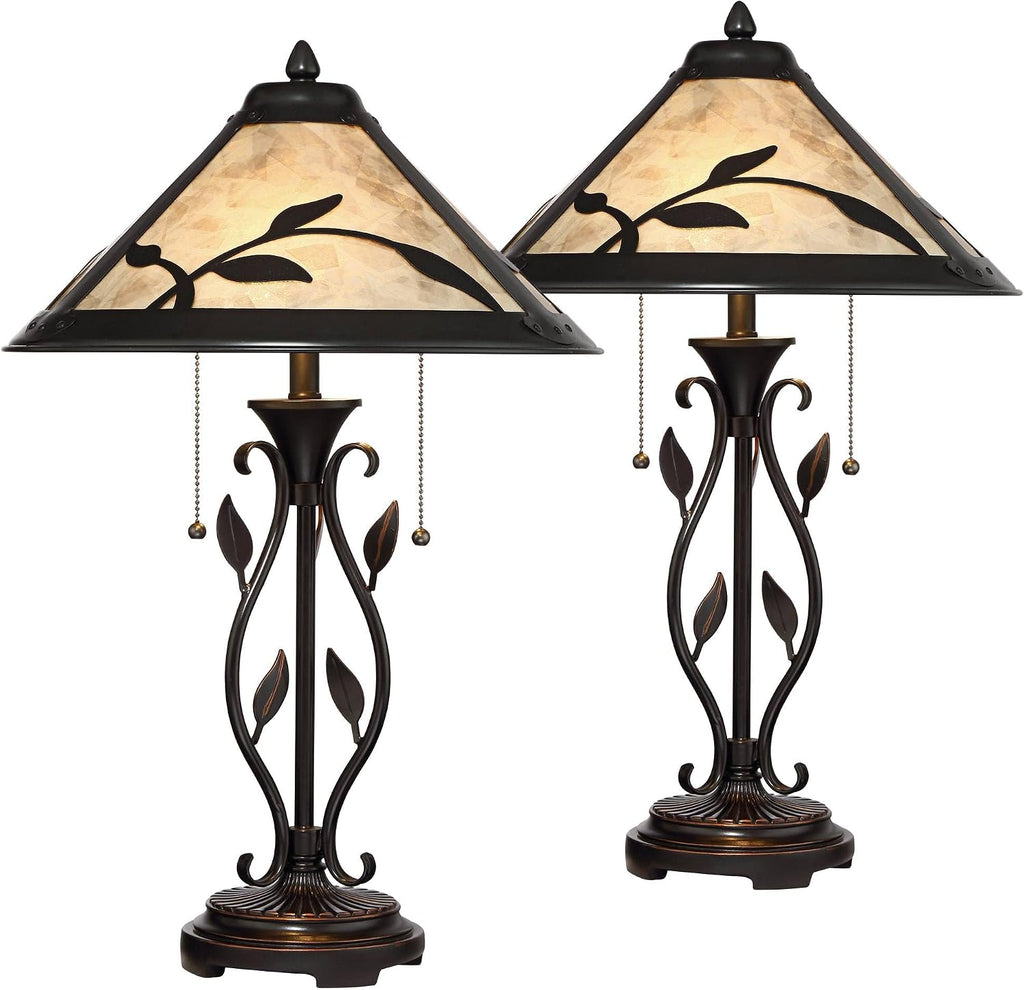 Franklin Iron Works Feuille 23 3/4' High Leaf and Vine Small Farmhouse Rustic Country Cottage Core Accent Table Lamps Set of 2 Pull Chain Brown Living Room Bedroom Bedside Nightstand Mica Shade
