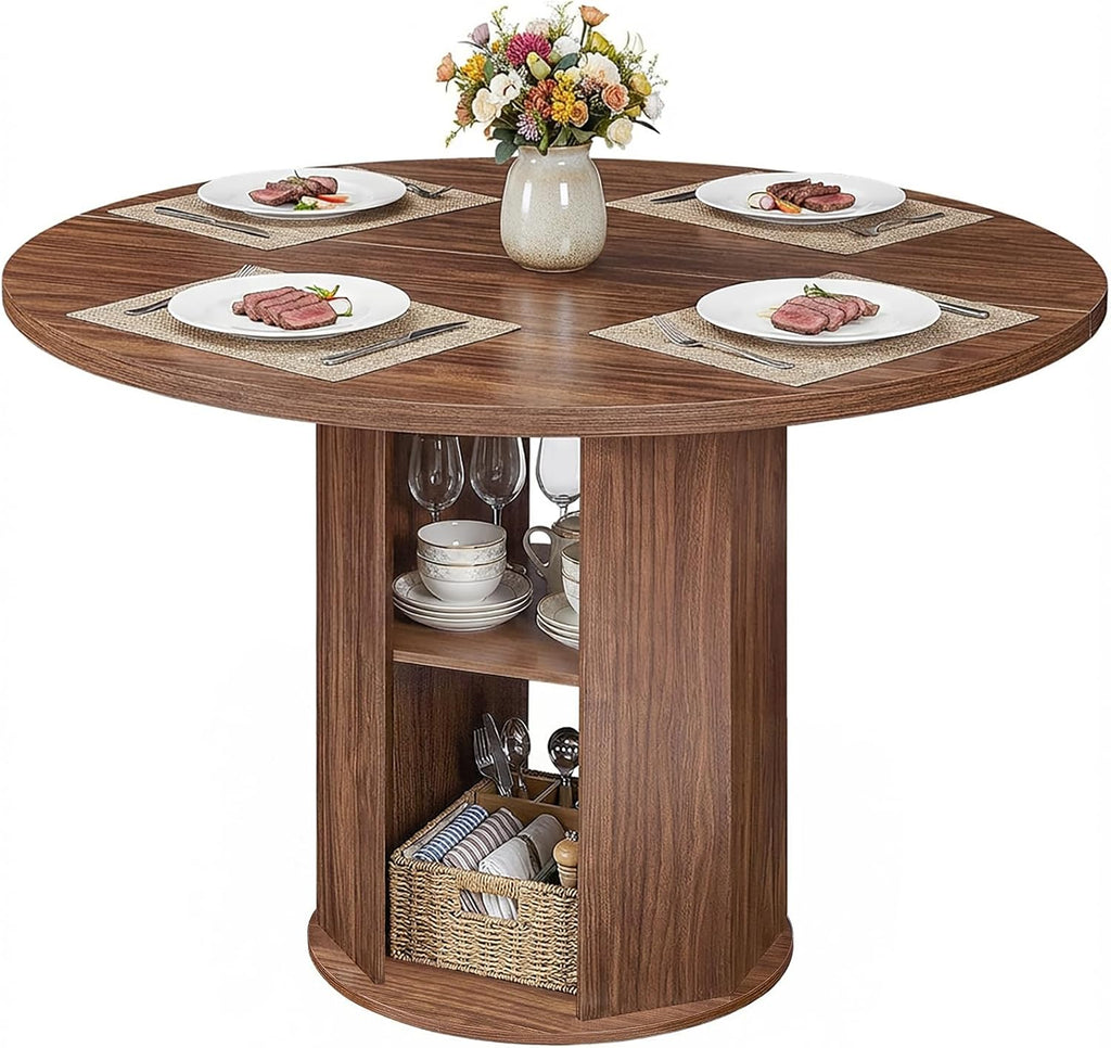 MAHANCRIS 43.3' Round Dining Table with Storage Shelf for 4, Circle Kitchen Dinner Table with Thick Tabletop, Circle Nook Table for Kitchen & Dining Room, Walnut DTWA11001