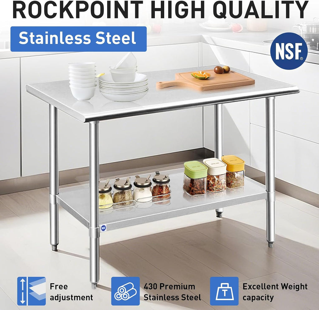 ROCKPOINT Stainless Steel Table for Prep & Work 30x30 Inches, NSF Metal Commercial Kitchen Heavy Duty Table with Adjustable Under Shelf and Table Foot for Restaurant, Home and Hotel