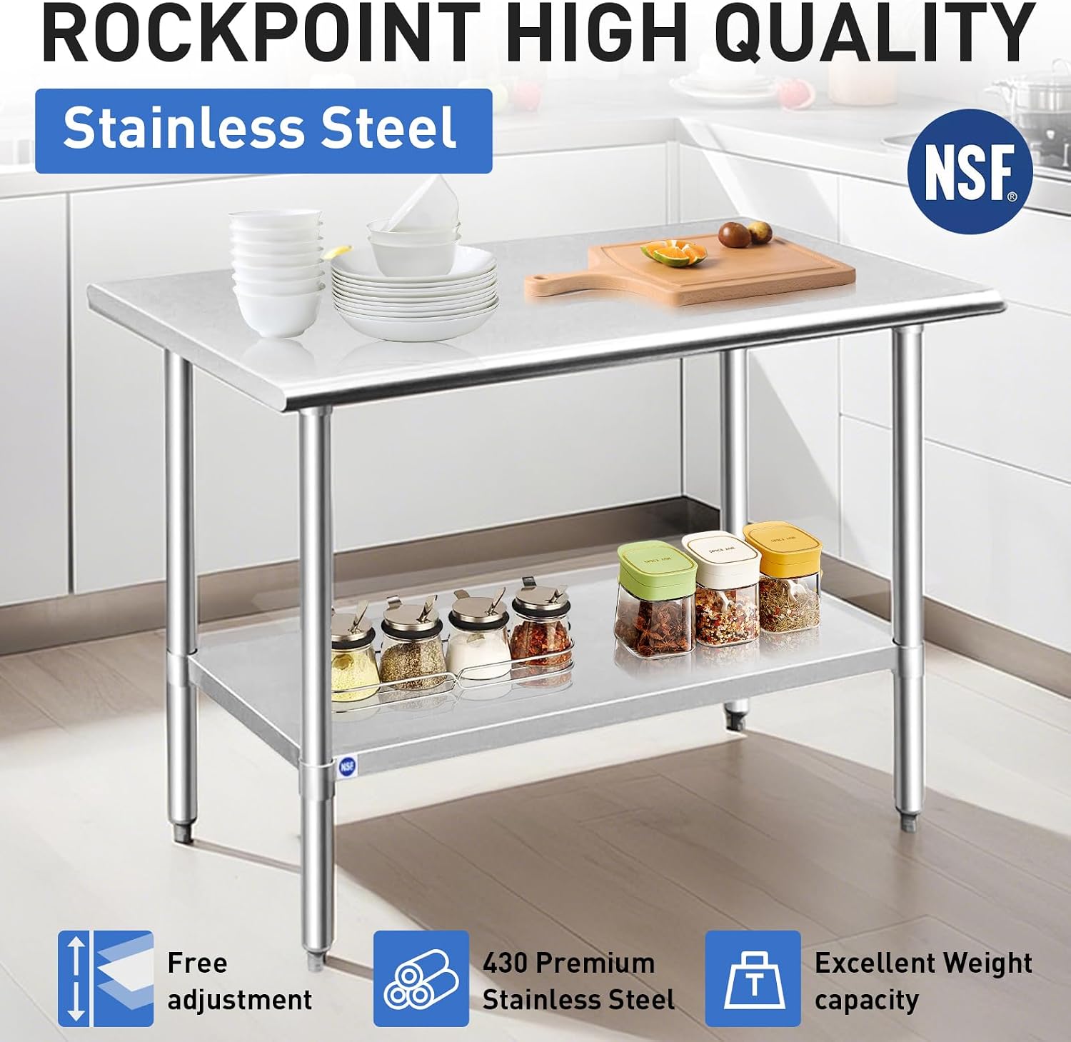ROCKPOINT Stainless Steel Table for Prep & Work 30x30 Inches, NSF Metal Commercial Kitchen Heavy Duty Table with Adjustable Under Shelf and Table Foot for Restaurant, Home and Hotel
