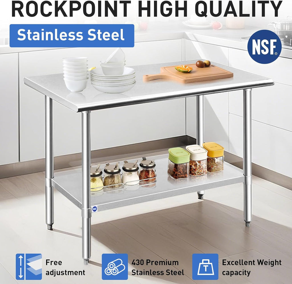 ROCKPOINT Stainless Steel Table for Prep & Work 18x60 Inches, NSF Metal Commercial Kitchen Heavy Duty Table with Adjustable Under Shelf and Table Foot for Restaurant, Home and Hotel