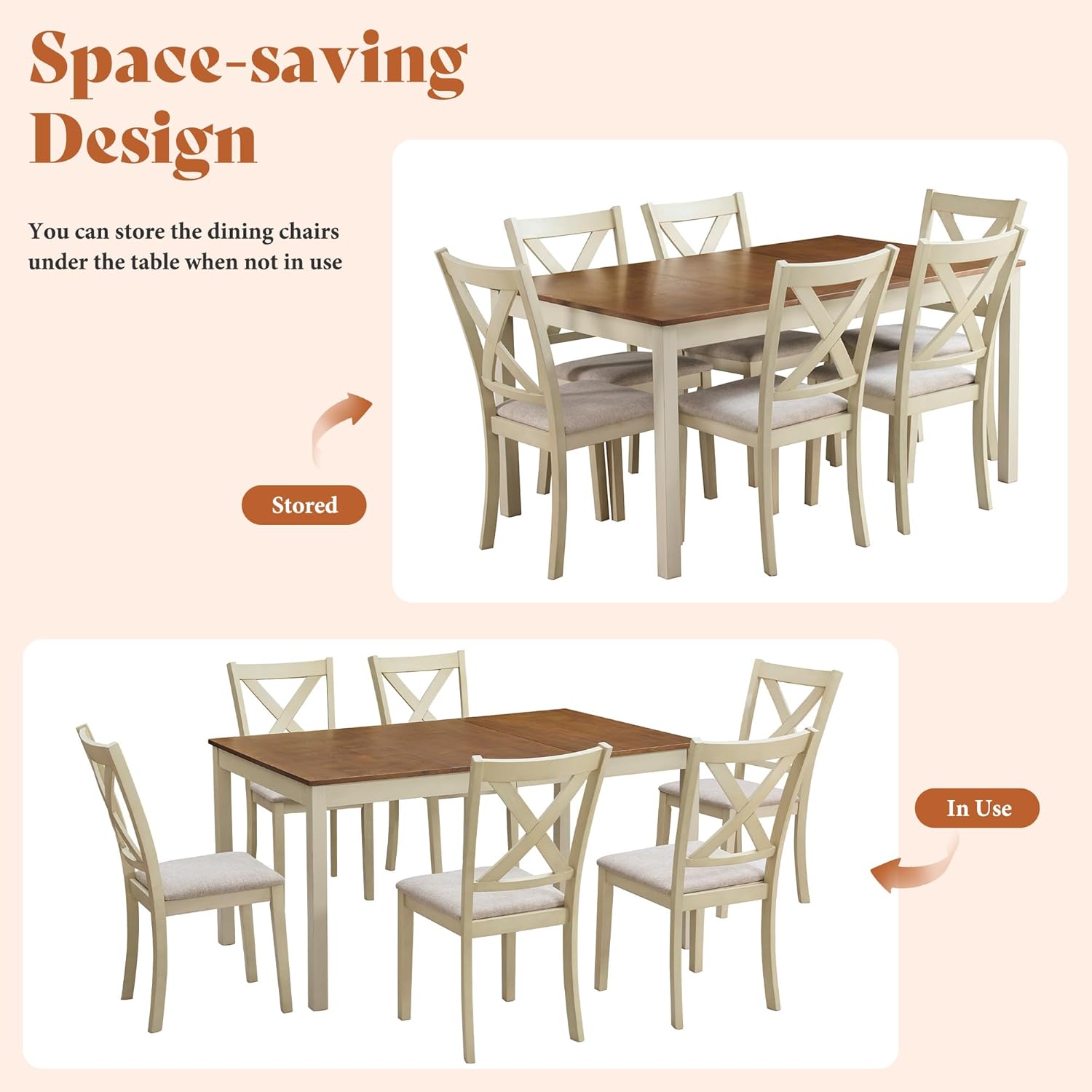 AMERLIFE 7-Piece Farmhouse Solid Wood Dining Table Set with 6 Upholstered Chairs, 60' Space Saving Dinner Table & Chairs Set, for Dining Room, Kitchen, Restaurant, Rustic Cream