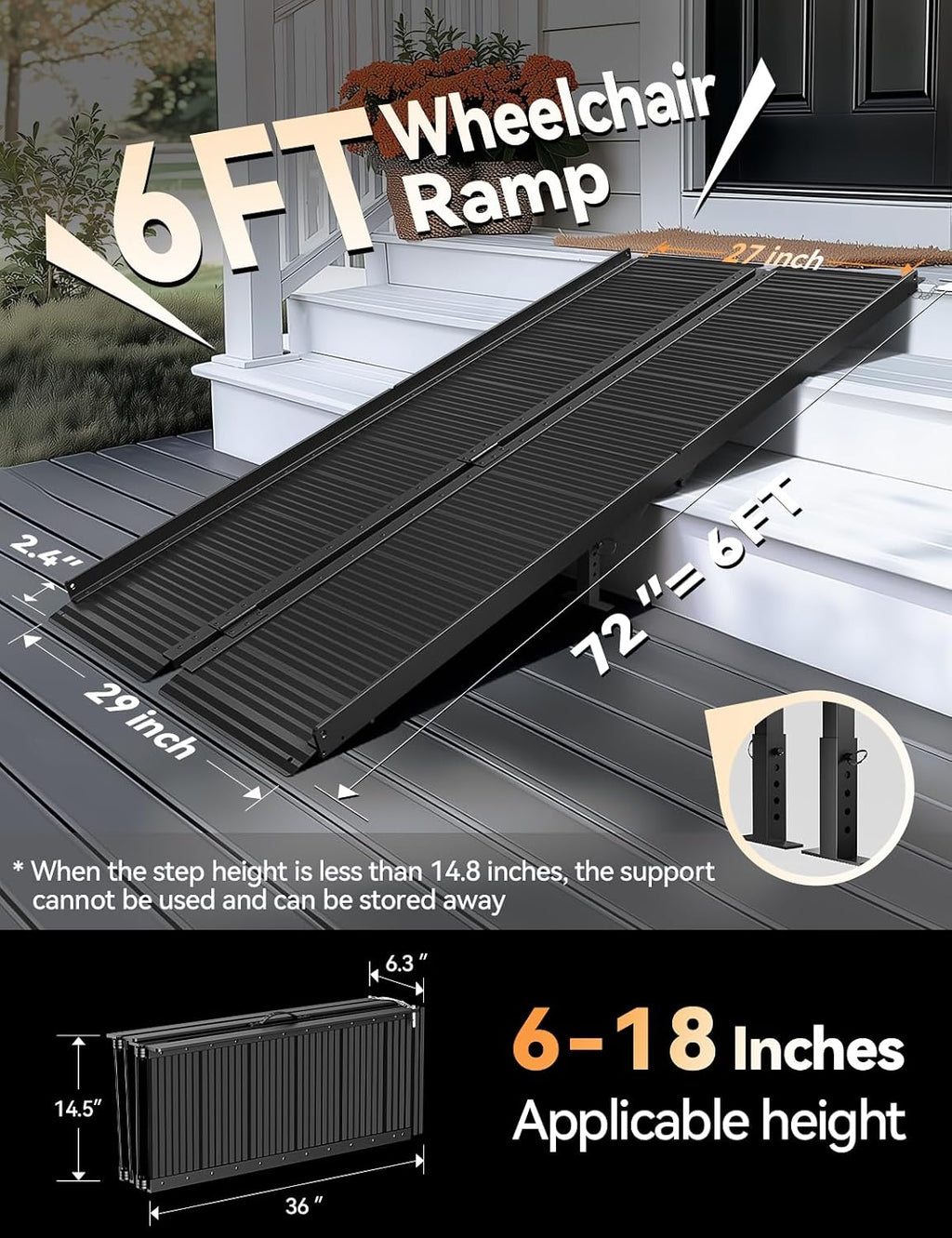 Black Aluminum Ramp 6FT with Sopport Legs, with Non-Slip Surface Wheelchair Ramp, Folding Portable Wheelchair Ramps for Home Steps,Scooter Ramp for Car, Stairs, Doorways, 800 LBS Weight Capacity