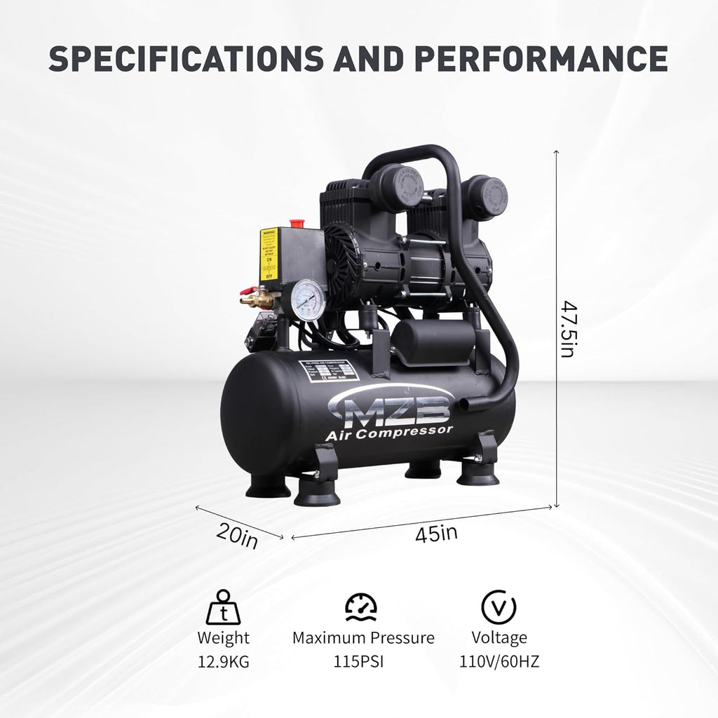 MZB 2.4 Gallon Ultra Quiet Air Compressor 110V/60Hz 1.2HP 5.65CFM, MAX 115PSI Steel Tanks Oil-Free 70dB Noise Level Air Compressor for Spray Painting, Auto Repair, Carpentry Decoration