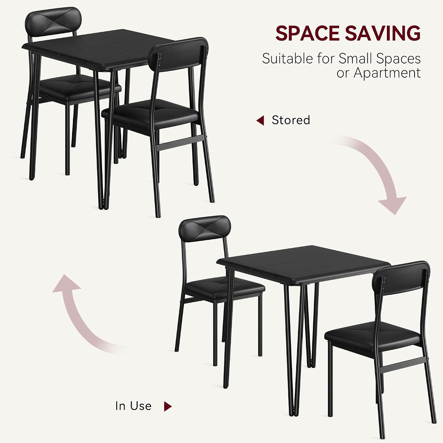 IDEALHOUSE Dining Table Set for 4, Kitchen Table with Upholstered Chairs for Kitchen Room and Small Spaces (Black, Table with 2 Upholstered Chairs)