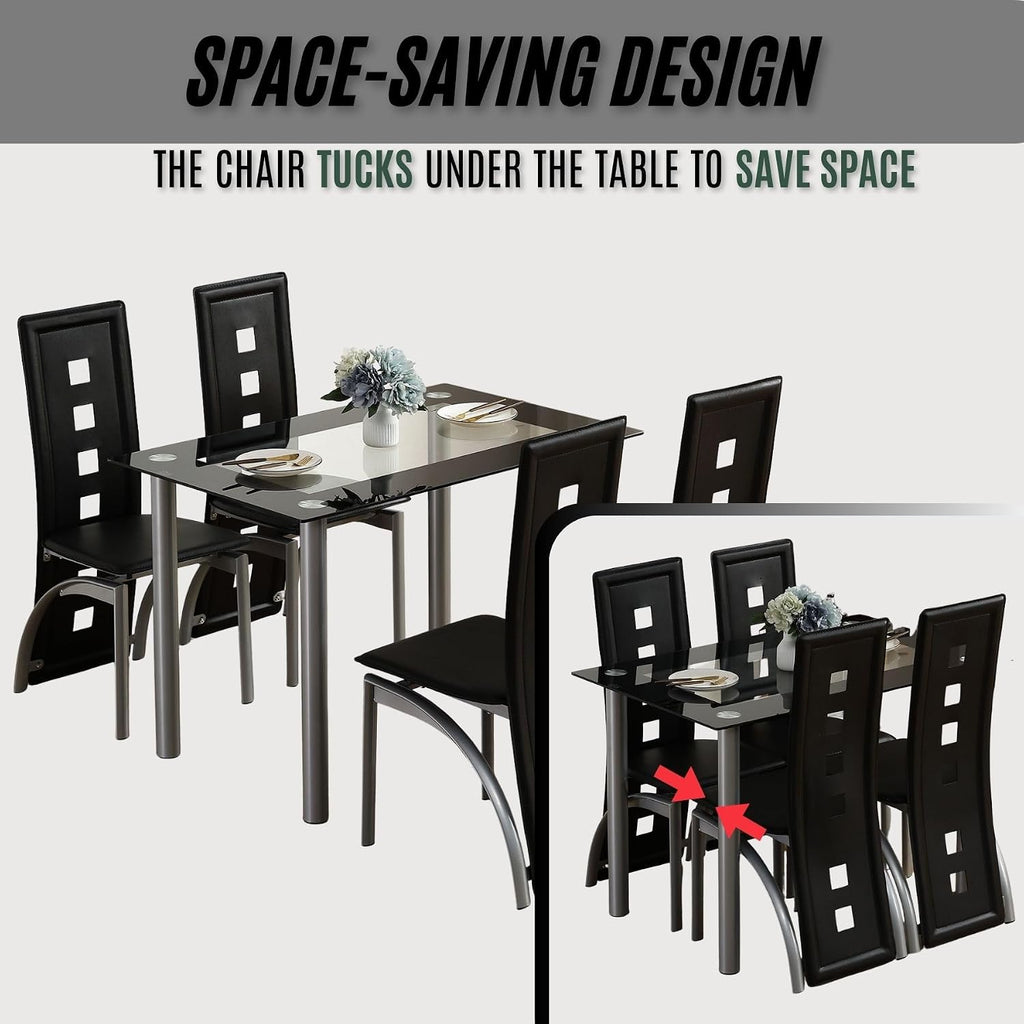 Karl home 5-Piece Dining Table Set with 1 Glass Dining Table and 4 PVC Chairs, Modern Dining Table Set for Kitchen & Breakfast Dining Living Room, Space Saving