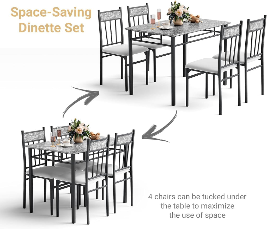 Giantex 5-Piece Dining Table Set for 4, Kitchen Table and Upholstered Chairs Set with Faux Marble Tabletop & Metal Frame, Space-Saving Dinette Set for Breakfast Nook, Small Space, Grey