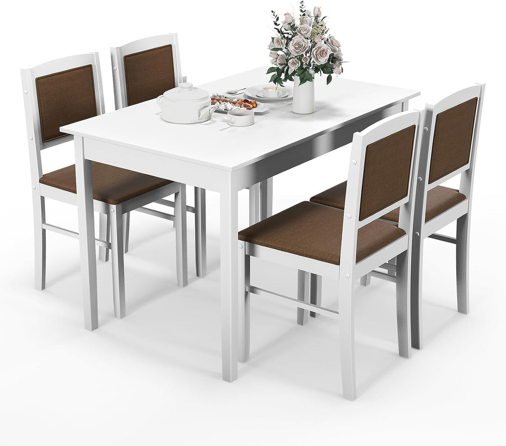 Tangkula Dining Table Set for 4, Farmhouse Solid Wood Dinette Set w/Rubber Wood Legs, Upholstered Seat & Padded Backrest, Mid-Century Modern Dining Table and Chairs Set for Kitchen, Dining Room