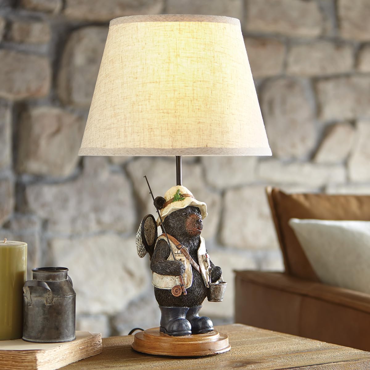 BLACK FOREST DECOR - Fisherman Bear Accent Lamp for Cabin, Living Room, Nightstand, Desk - Vintage Rustic Home Décor - 23' x 13.25'