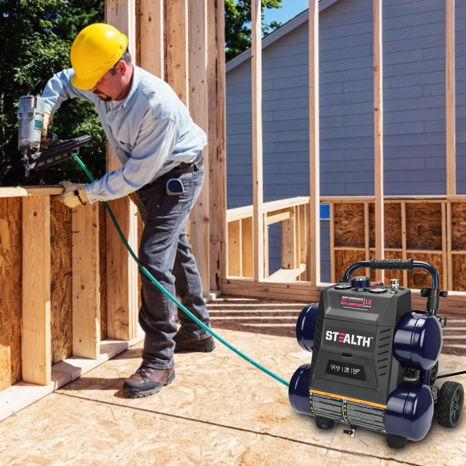 Stealth Quiet Air Compressor with Wheel, 64 Decibel 4.5 Gallon Peak 1.3 HP Max 150 PSI, Oil-Free Air Pump, 3 CFM @ 90 PSI Portable Air Compressor for Garage, Workshop, Jobsite SAQ-1413