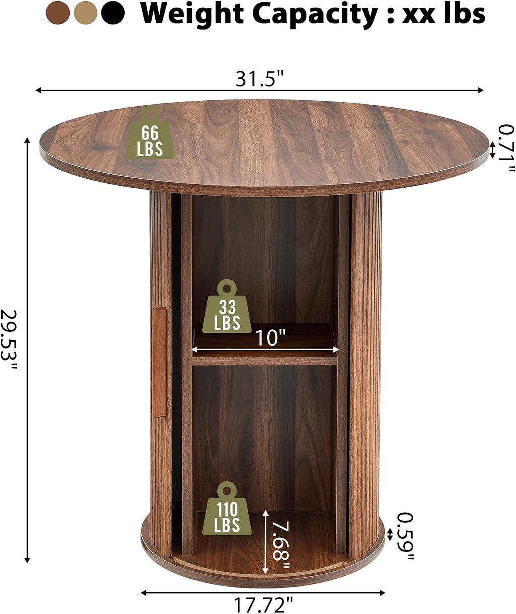 31.5' Round Dining Table for 2-4, Modern Farmhouse Kitchen Table with 2-Tier Storage Shelf, Small Wooden Circle Dining Tables with Fluted Base for Home Dining Room Living Room (Walnut)