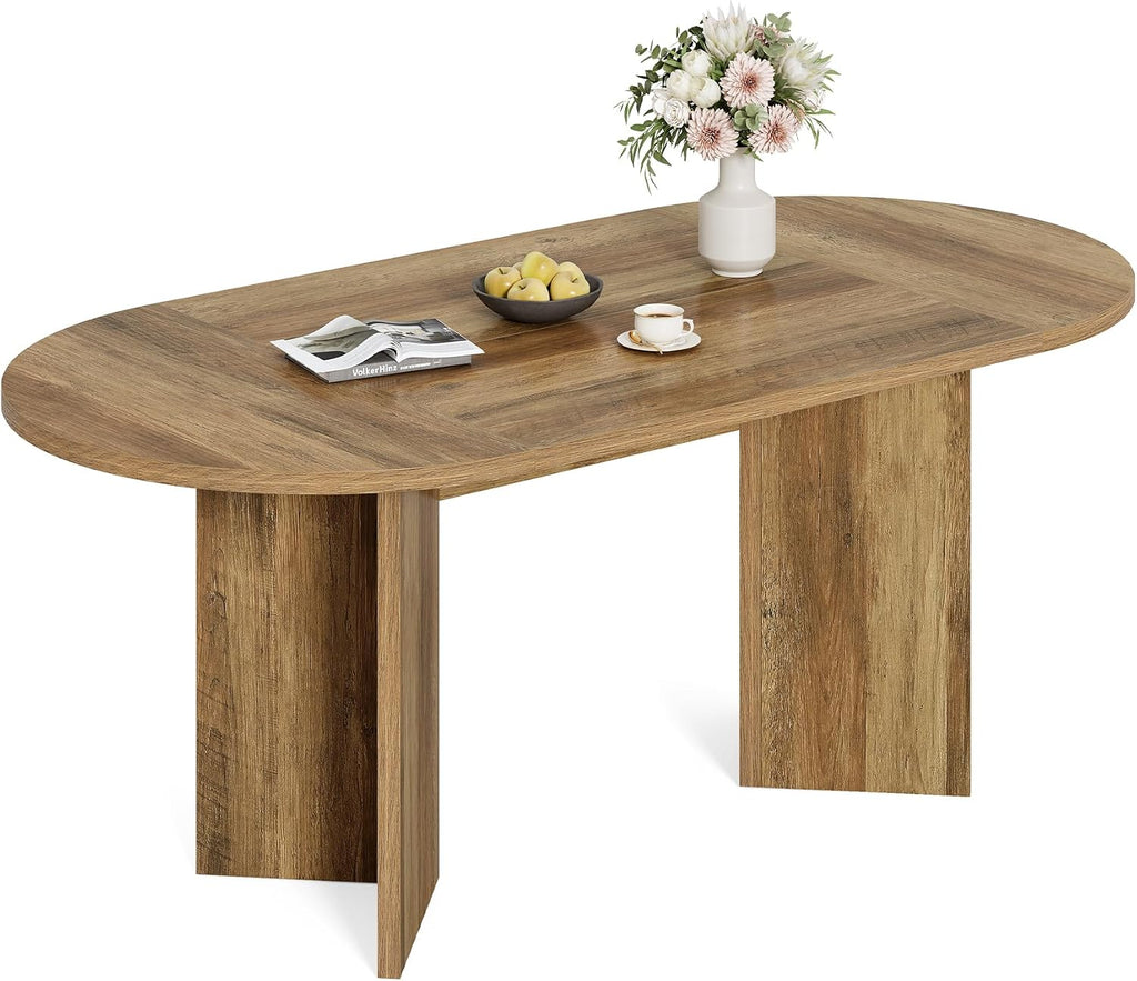 LITTLE TREE 63' Rustic Oval Dining Table for 2-4, Sturdy MDF Farmhouse Kitchen Table with Metal Strip Base, for Living Room, Office, Restaurant, Multi-Use, Umber
