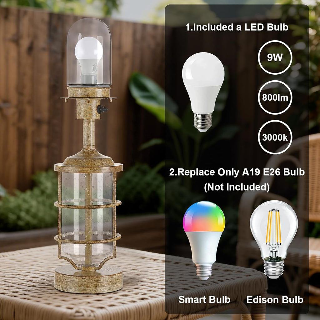 Outdoor Table Lamp, Farmhouse Lamp for Patio Table Decor with Cord, Rustic Table Light with Seeded Glass, 23.5' Plug-in Outdoor Lamps for Patio Waterproof, LED Bulb Included (Wood Color)