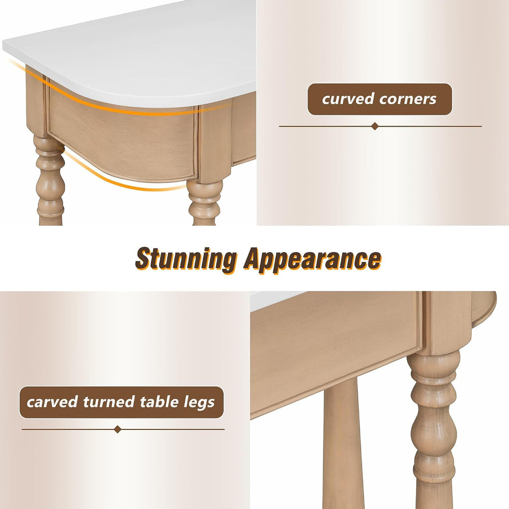 LKTART Small Corner-Curved Console Table,Farmhouse Entryway Table with Solid Wood Frame and Legs,Sofa Table with Drawer &Open Shelf for Behind Couch,Living Room,Hallway,Foyer(Beige+White 36')