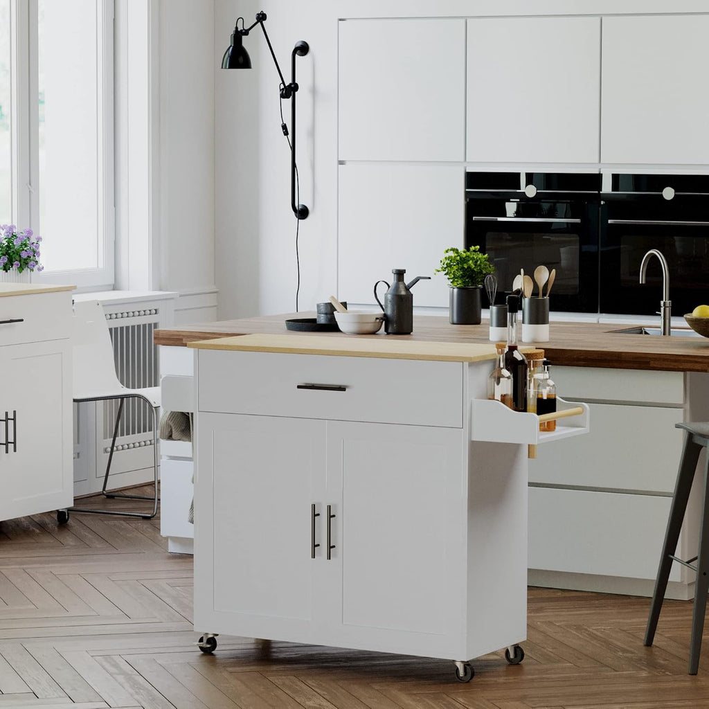 IRONCK Rolling Kitchen Island Table on Wheels with Drop Leaf, Storage Cabinet, Drawer, Spice/Towel Rack, Kitchen Cart, 47.25' Wide White
