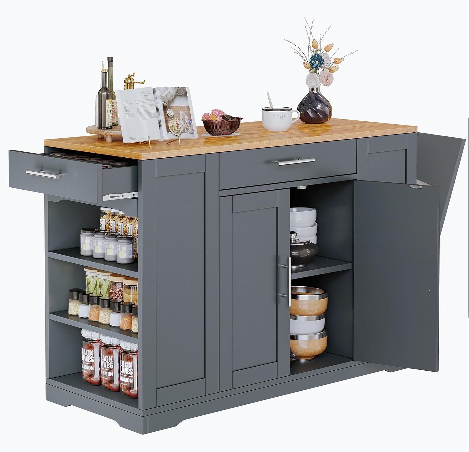 YITAHOME 53 inch Large Rolling Kitchen Island with Trash Can Storage Cabinet, Portable Mobile Islands Table Long Floating Movable w Wheels Cabinet for 13 Gallon Garbage Bin 2 Drawer, Grey
