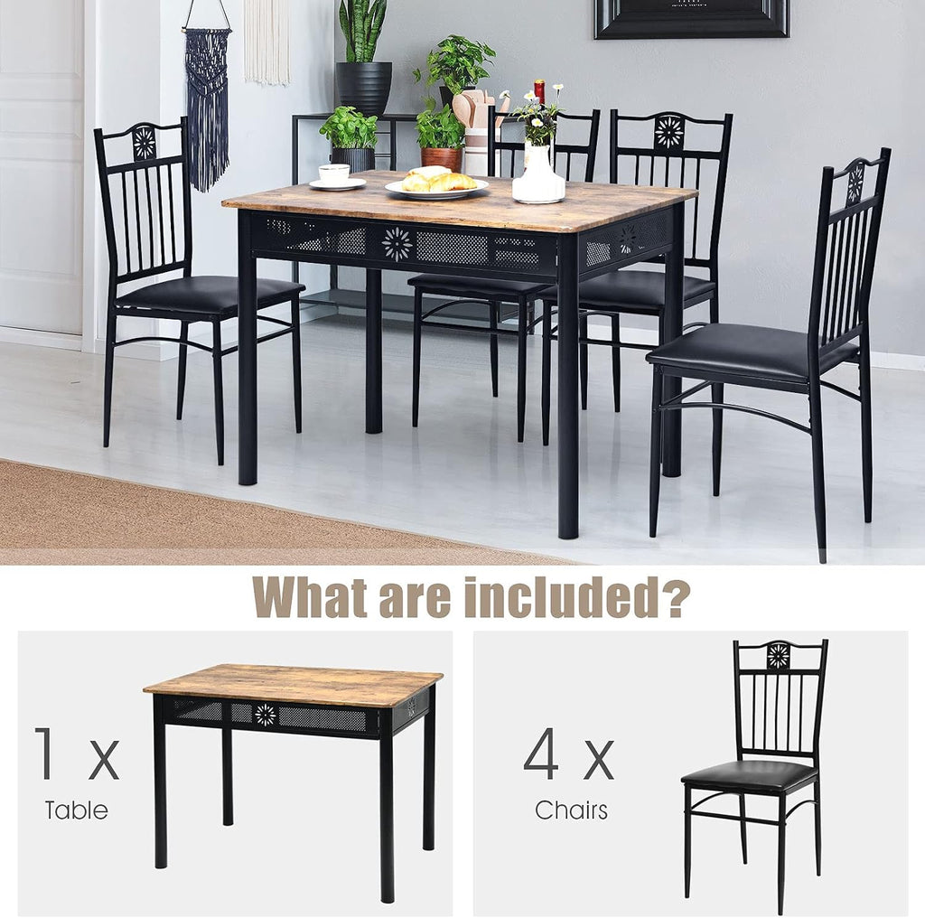 Tangkula 5 Pieces Dining Table and Chairs Set, Vintage Retro Wood Top Metal Frame Padded Seat Dining Table Set Home Kitchen Dining Room Furniture