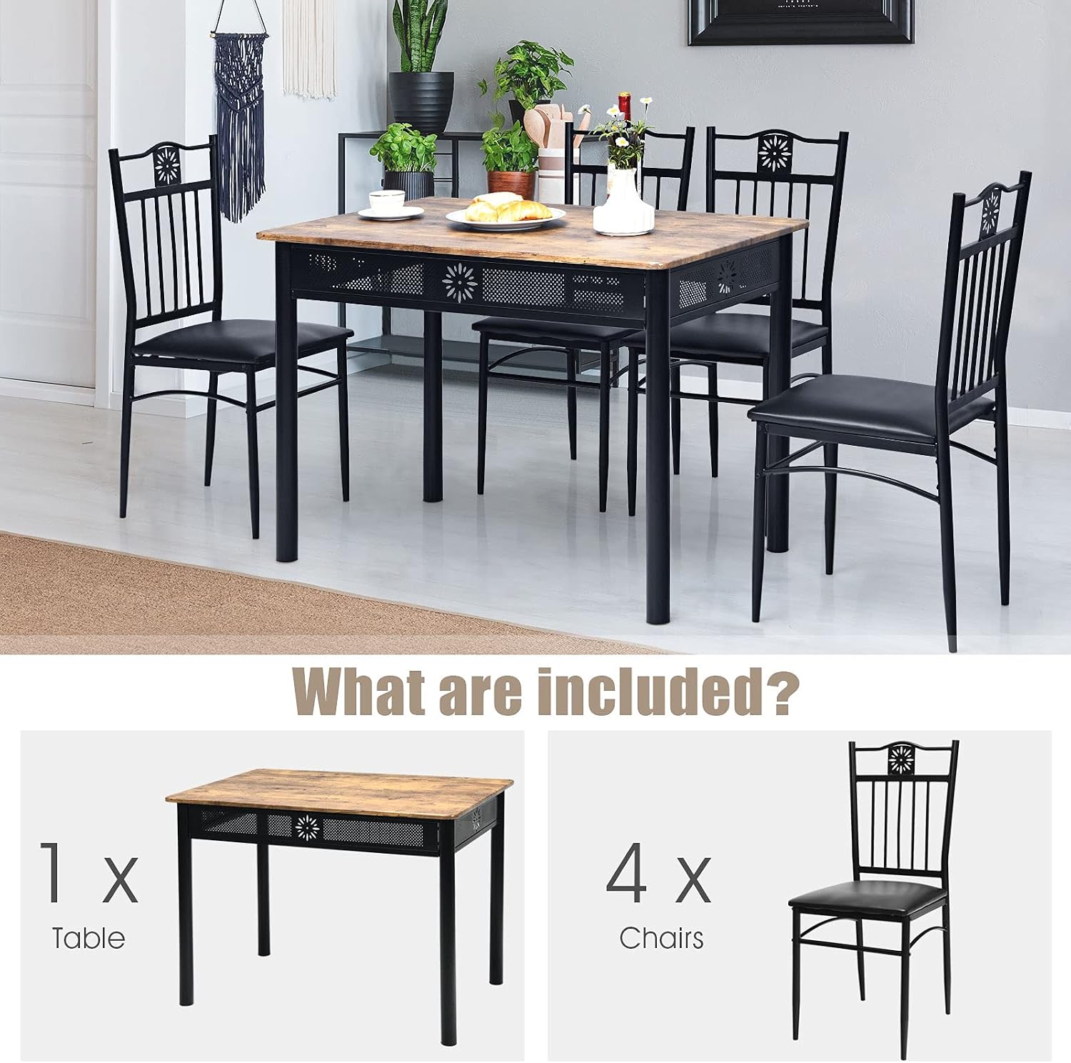 Tangkula 5 Pieces Dining Table and Chairs Set, Vintage Retro Wood Top Metal Frame Padded Seat Dining Table Set Home Kitchen Dining Room Furniture