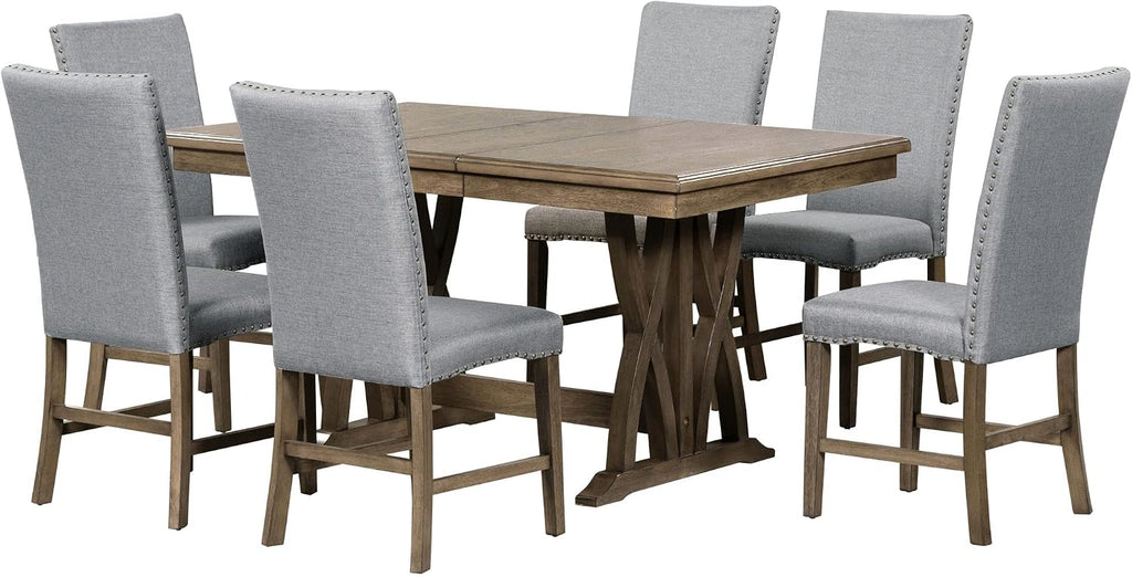 Merax Mid-Century 7-Piece Dining Table Set, Extendable Kitchen Table Set with Upholstered Chairs Set for 6, Golden Brown+Gray