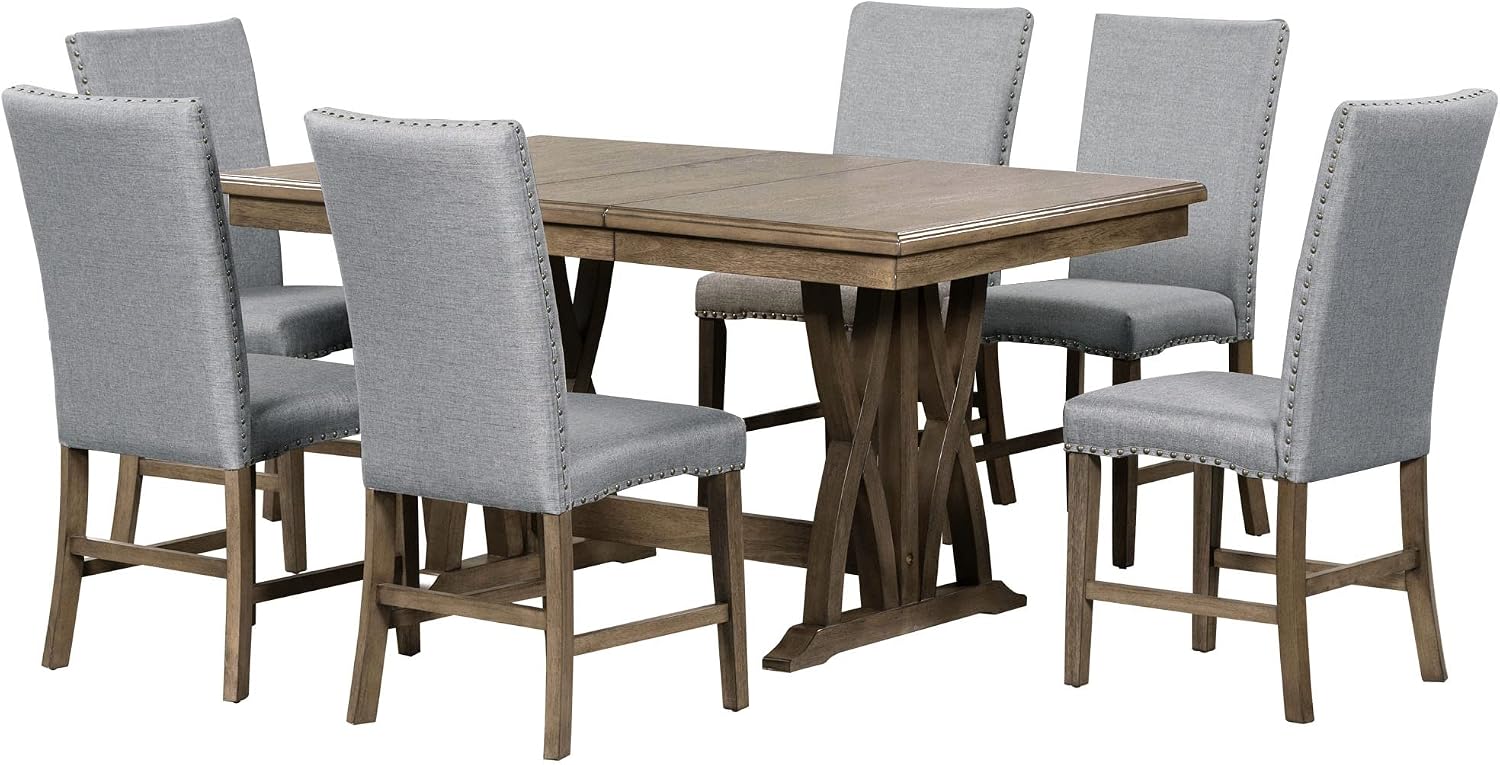 Merax Mid-Century 7-Piece Dining Table Set, Extendable Kitchen Table Set with Upholstered Chairs Set for 6, Golden Brown+Gray
