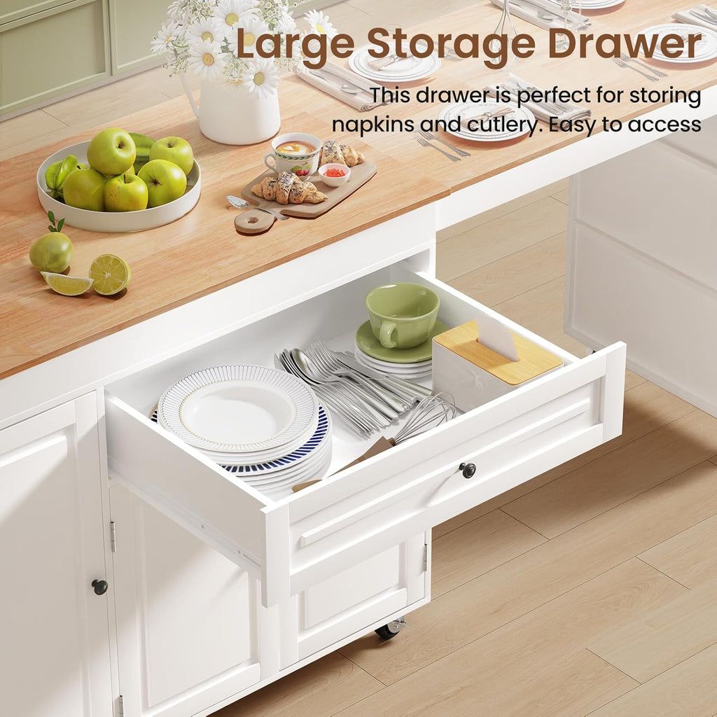 83' Expandable Kitchen Island on Wheels with Storage & Dining Table, Mobile Kitchen Cart with Cabinet, 3 Shelves & Drawers, Black (Extends from 48.4' to 82.6') (White)