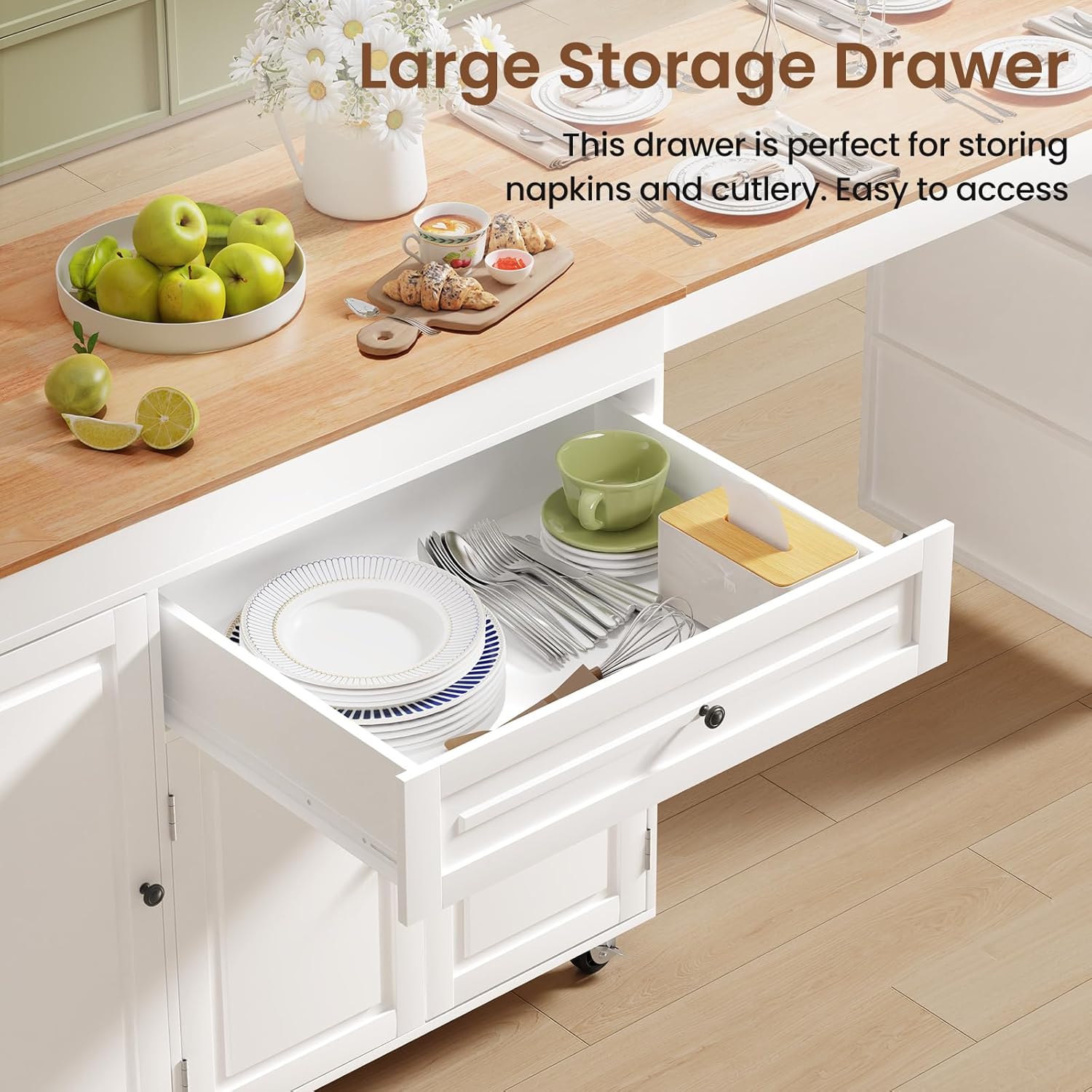 83' Expandable Kitchen Island on Wheels with Storage & Dining Table, Mobile Kitchen Cart with Cabinet, 3 Shelves & Drawers, Black (Extends from 48.4' to 82.6') (White)