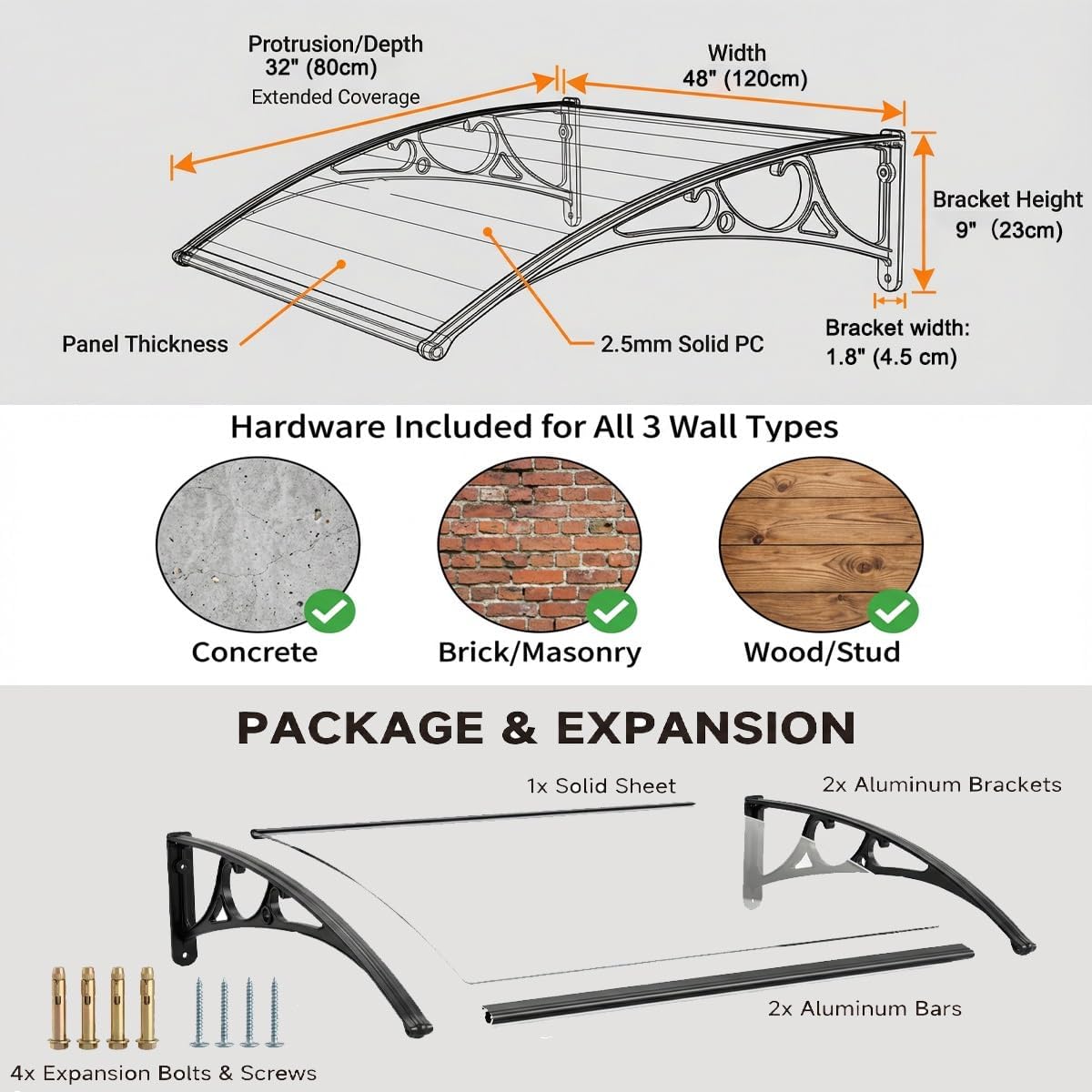 Front Door Awning Canopy for Home Entrance, Exterior Porch Rain Shelter, Aluminum Door Cover with Gutter, Heavy Duty Solid Polycarbonate Entryway Roof, Customizable(Clear Panel,32x48)