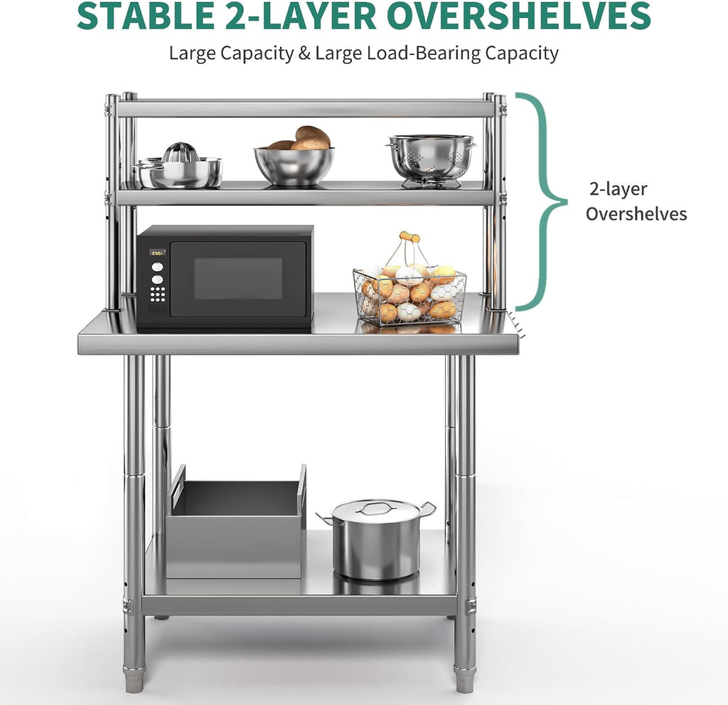 YITAHOME NSF Stainless Steel Table with Overshelves, 30' X 24' Work Table with 30' X 12' Shelf, Metal Table Prep Table for Home Kitchen Restaurant Garage Warehouse