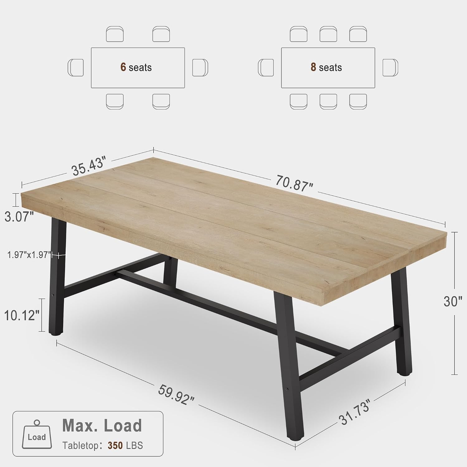 70' Large Dining Table for 6-8 People, Rustic Industrial Farmhouse Kitchen Table, Rectangle Wooden Dining Room Table with Heavy-Duty Metal Frame, Stable & Waterproof for Home, Kitchen, Dining Room
