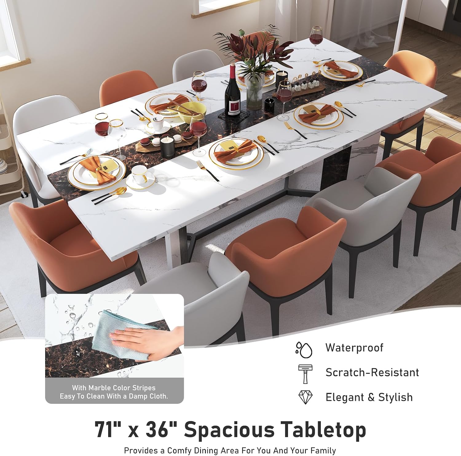 Hlivelood 70Inch Large Dining Table for 4 6 People,Wooden Rectangular Kitchen Table W/Waterproof Tabletop,Large Rectangle Furniture W/Adjustable Legs,White Dinner Table for Kitchen Dining Room(71IN)