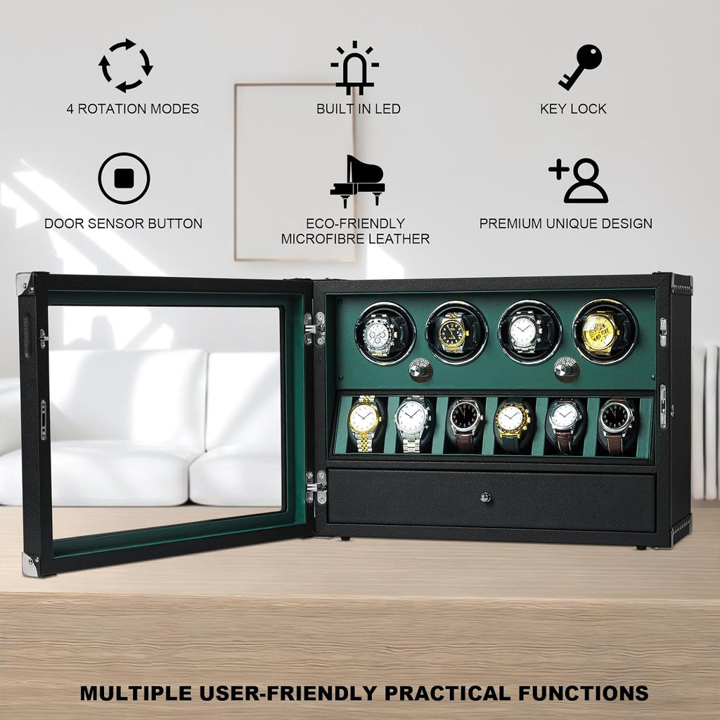 DUKWIN Watch Winder for 4/6/8 Automatic Watches, Lockable Winders with Watch Holders and Jewelry Storage, Super Quiet Motor with High-Gloss Finish, Built-in Illumination