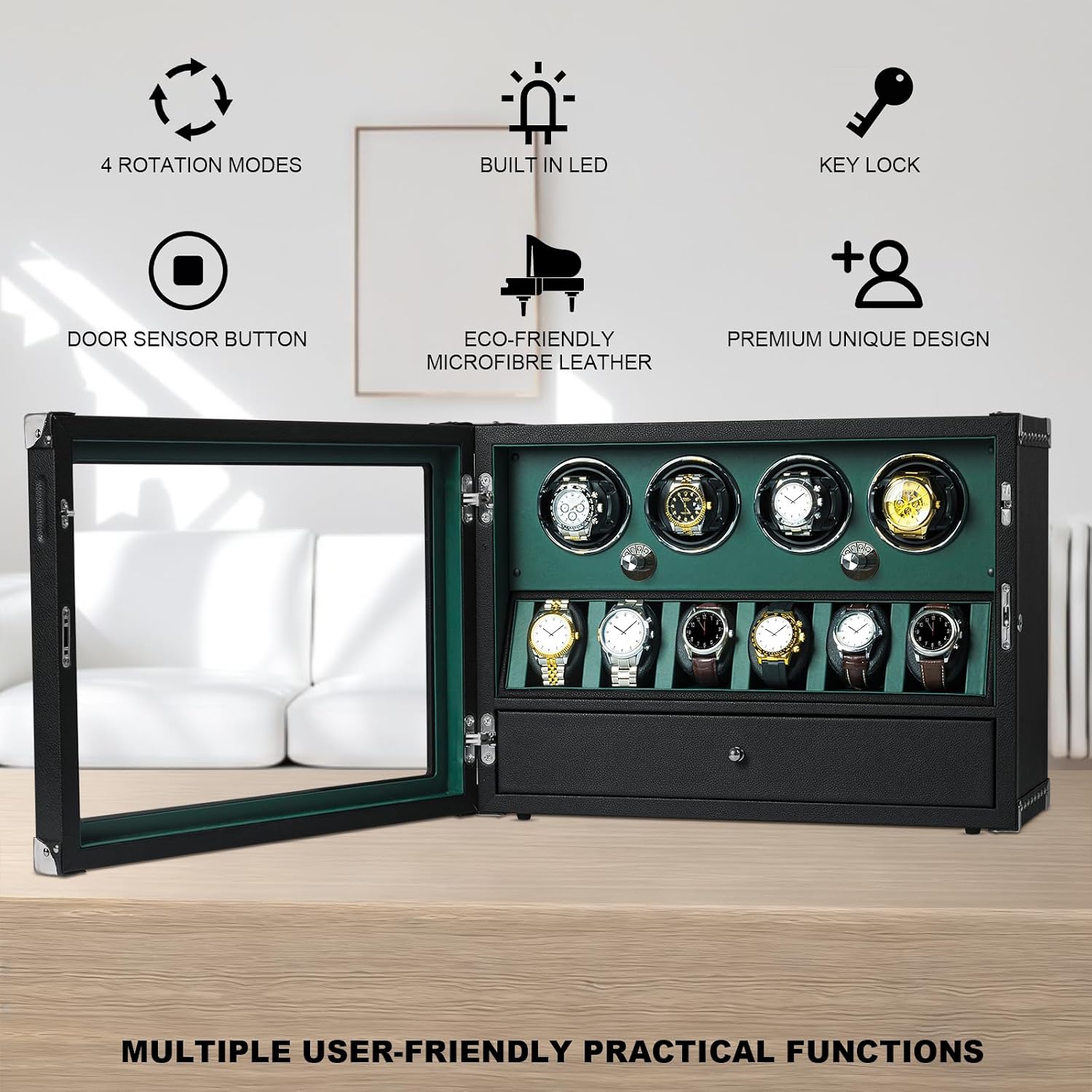 DUKWIN Watch Winder for 4/6/8 Automatic Watches, Lockable Winders with Watch Holders and Jewelry Storage, Super Quiet Motor with High-Gloss Finish, Built-in Illumination