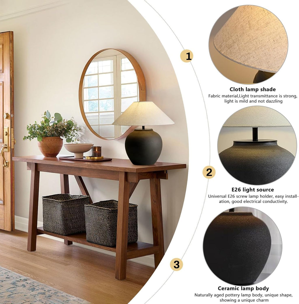 Rustic Farmhouse Table Lamps, Black 21.6' Tall Ceramic Table Lamp, Simple Textured Ceramic Lamp Body with White Textured Shade Bedside Table Lamp for Living Room Bedroom Office (Black)