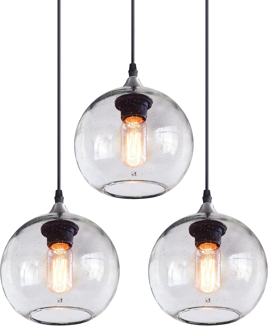 Globe Pendant Lights Kitchen Island 3 Pack Hand Blown Glass Modern Rustic Lighting Clear Seeded Bubbles Dining Room Table Coffee Bar Counter Brushed Nickel Lamp 7.4 Inch Diam