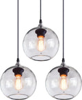 Globe Pendant Lights Kitchen Island 3 Pack Hand Blown Glass Modern Rustic Lighting Clear Seeded Bubbles Dining Room Table Coffee Bar Counter Brushed Nickel Lamp 7.4 Inch Diam