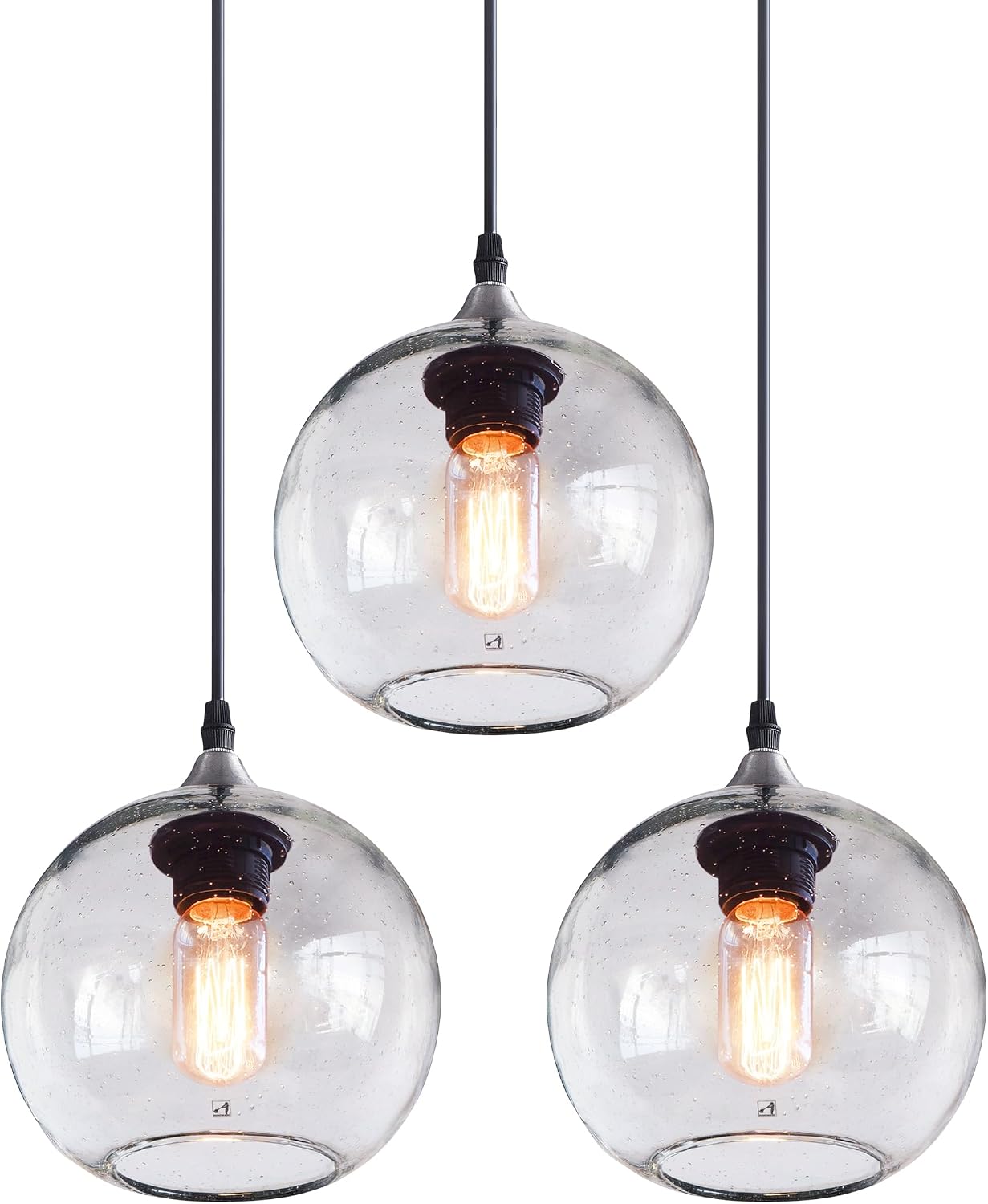 Globe Pendant Lights Kitchen Island 3 Pack Hand Blown Glass Modern Rustic Lighting Clear Seeded Bubbles Dining Room Table Coffee Bar Counter Brushed Nickel Lamp 7.4 Inch Diam