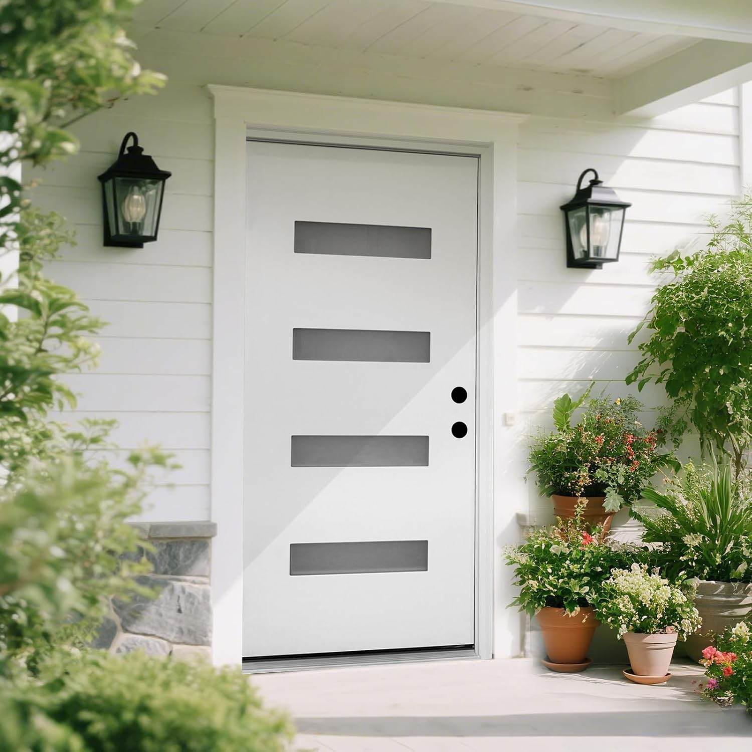 Fiberglass Front Entry Door, 36' x 80' White Knock-Down Door with 4-Lite Frosted Glass, 4-9/16' White Vinyl Frame & Left-Hand Inswing, Modern Style for Residential Exterior Use