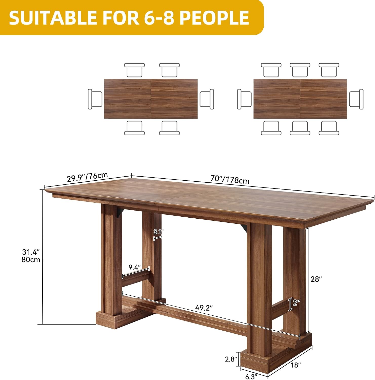 DWVO Farmhouse Dining Table for 6-8 People, 70' Long Kitchen Tables with Wooden Sturdy Legs, Large Rectangular Dinner Table for Kitchen, Dining Room, Living Room, Dark Walnut