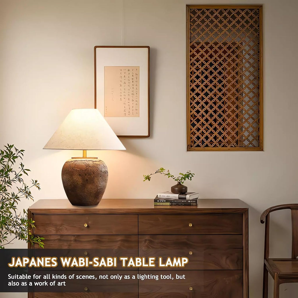 Farmhouse Clay Pot Table Lamps Brown Ceramic Lamps Rustic Fabric Drum Shade Decor Bedside Nightstand for Living Room Bedroom Home Office