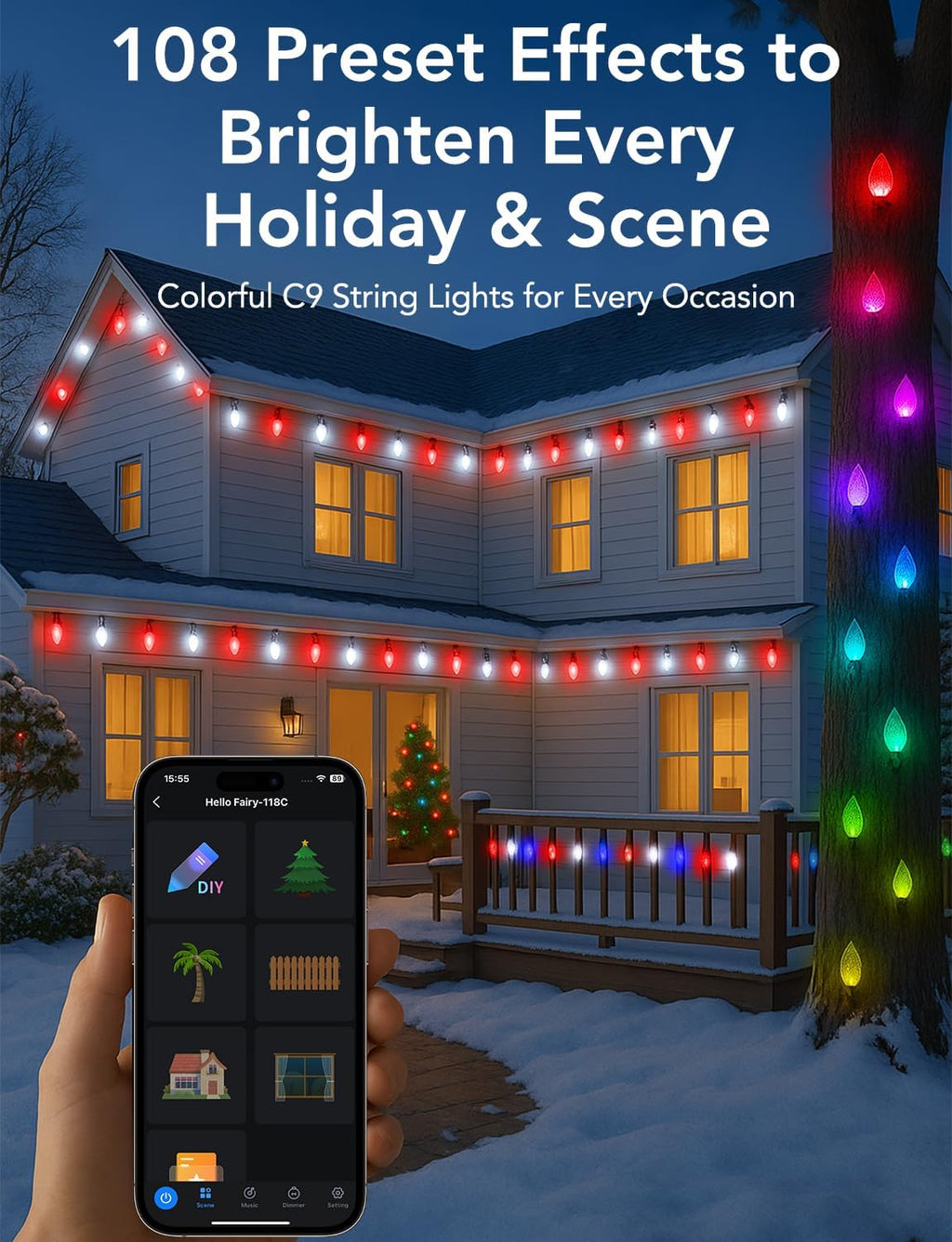 LED C9 Christmas Lights Outdoor,100FT 150 LEDs,App Remote Controlled RGB Smart String Lights with DIY,Music Sync & Timer,108 Modes,Waterproof & Extendable for Roofline,House,Xmas Tree,Halloween Decor
