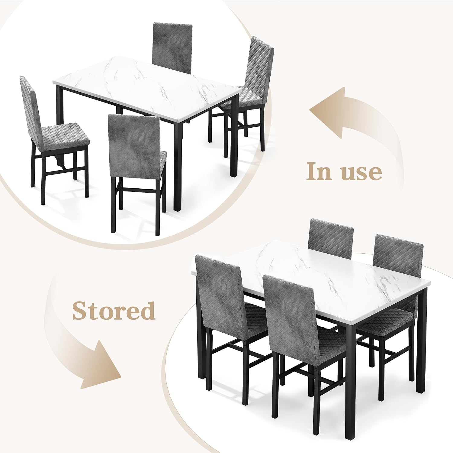 Hooseng Kitchen Table Set 5 Piece Dining Room Table Set Marble Dining Table 4 Chair Dining Table Set for Kitchen Living Room Breakfast Small Spaces (Grey)