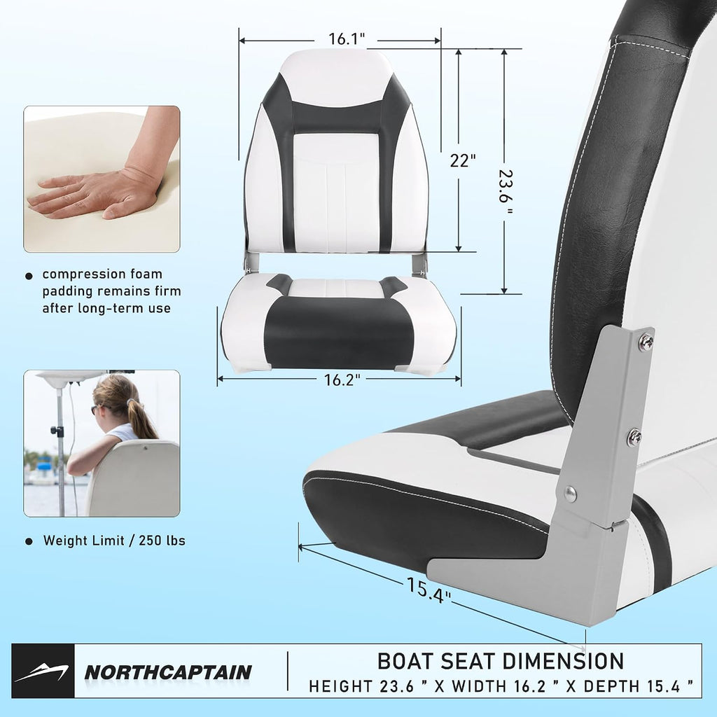NORTHCAPTAIN S1 Deluxe A Pair of Marine High Back/Low Back Folding Fishing Boat Seat for Fishing, Bass/Jon/Pontoon Boat Chairs, 4 Mounting Screws Included