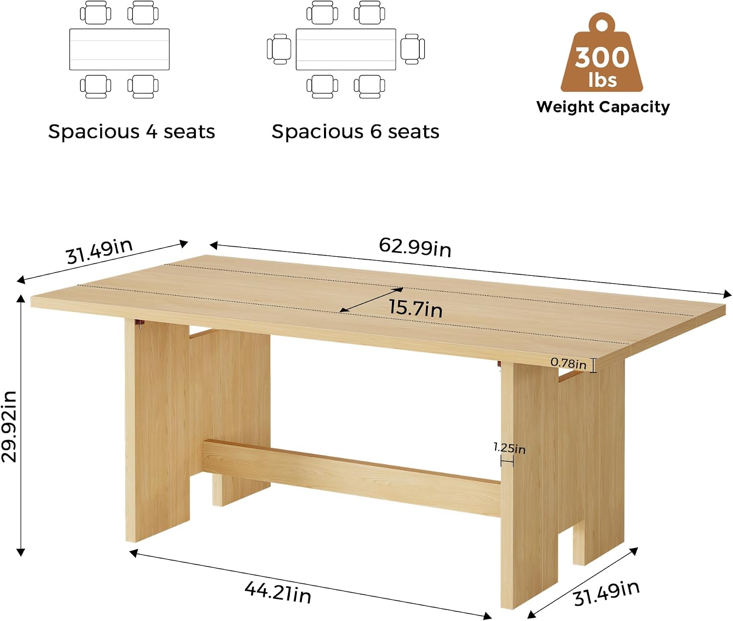 Jocoevol 63' Folding Dining Table for 4-6, Modern Dining Room Table with Large Foldable Tabletop & Legs, Wood Dining Tables for Kitchen Dining Room, Console Table for Living Room(Natural)